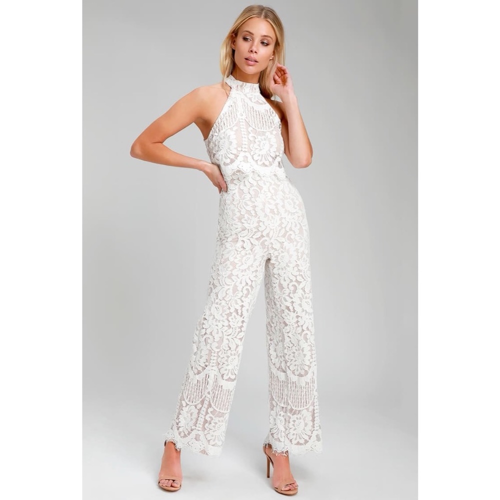 Lulus Britney white lace halter jumpsuit